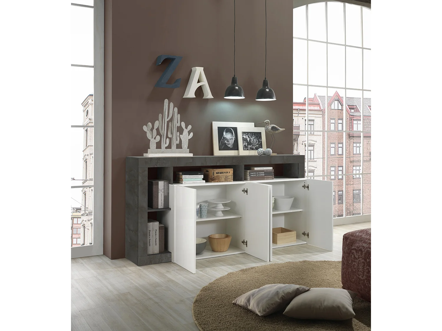 Madia da soggiorno design moderno con quattro ante e ripiano 184x93 ML17 bianco e cemento