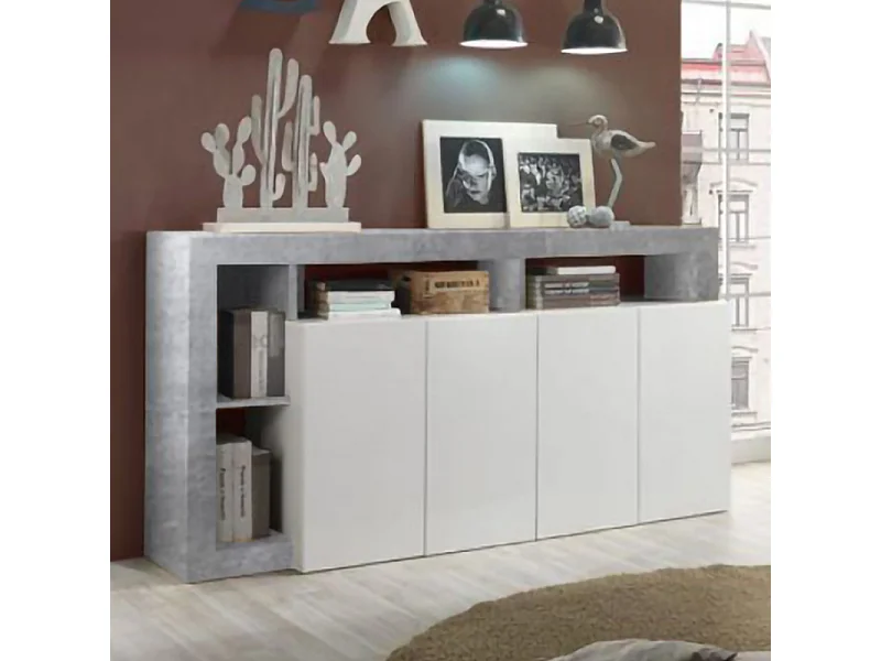 Madia da soggiorno design moderno con quattro ante e ripiano 184x93 ML17 bianco e cemento