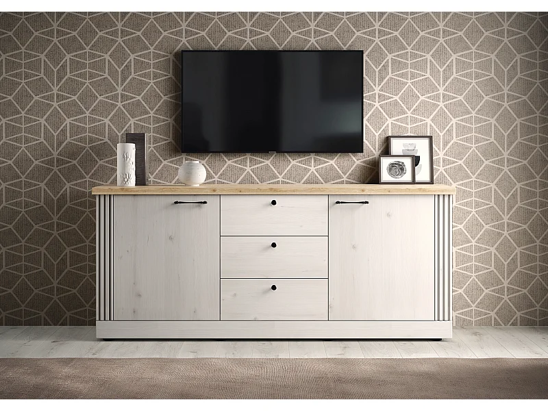 Madia da soggiorno 211x88 cm bianco effetto legno e rovere ML57