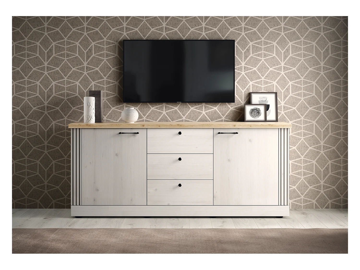 Madia da soggiorno 211x88 cm bianco effetto legno e rovere ML57