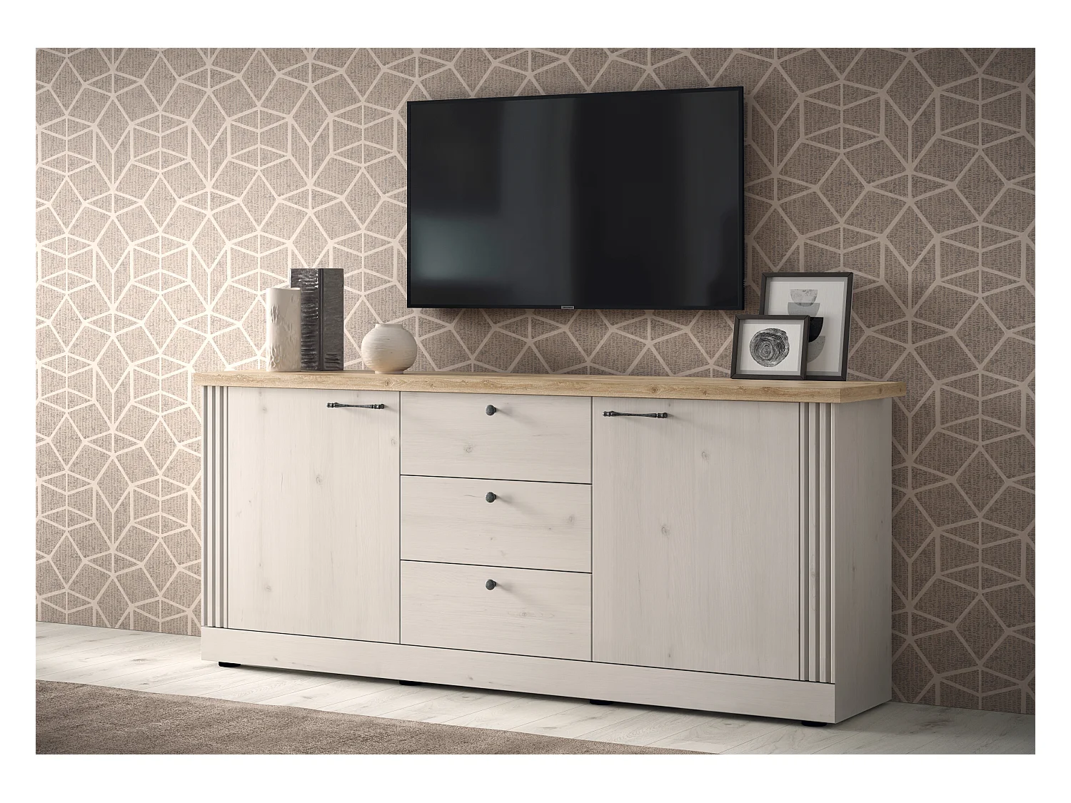 Madia da soggiorno 211x88 cm bianco effetto legno e rovere ML57