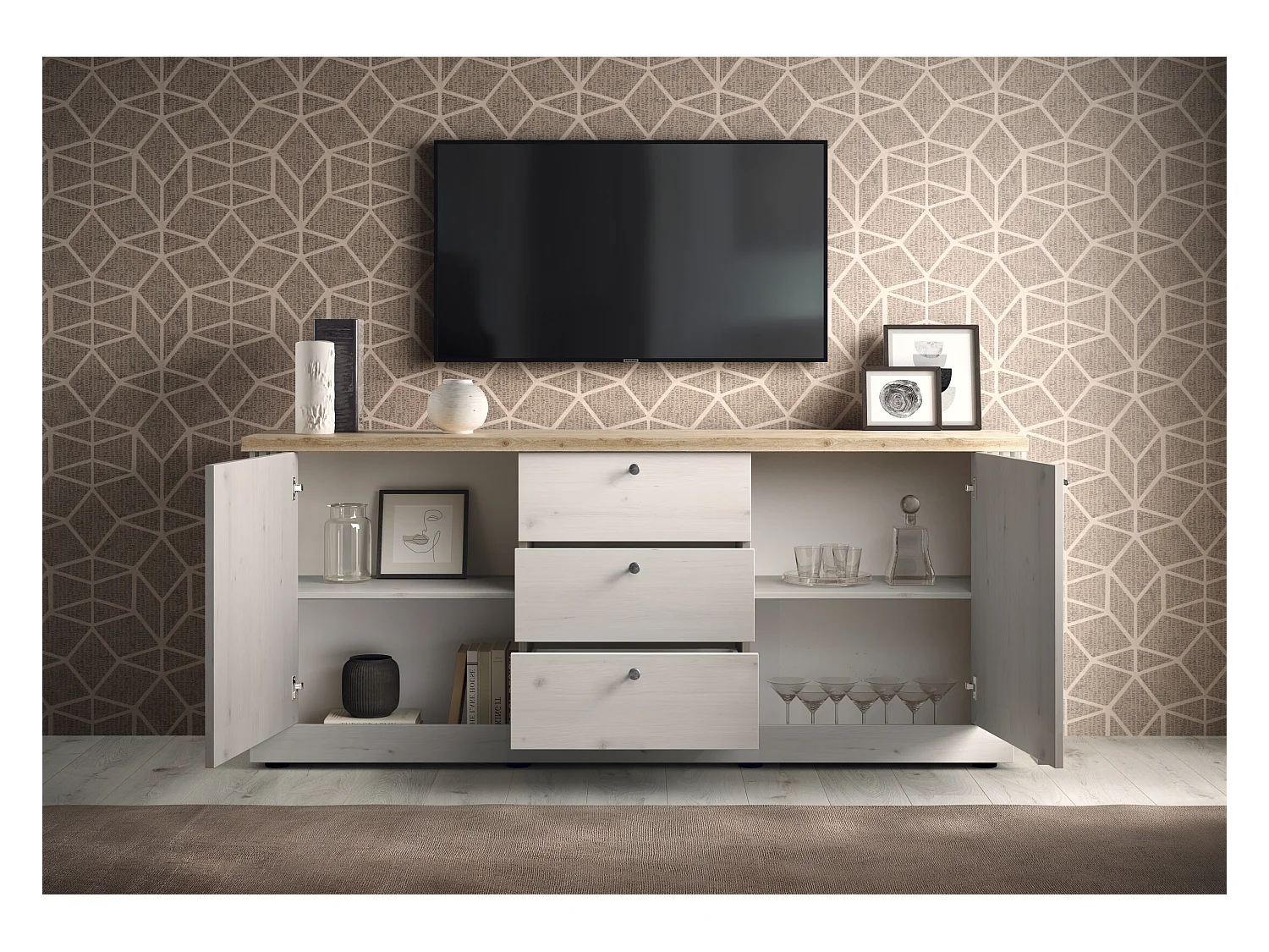 Madia da soggiorno 211x88 cm bianco effetto legno e rovere ML57