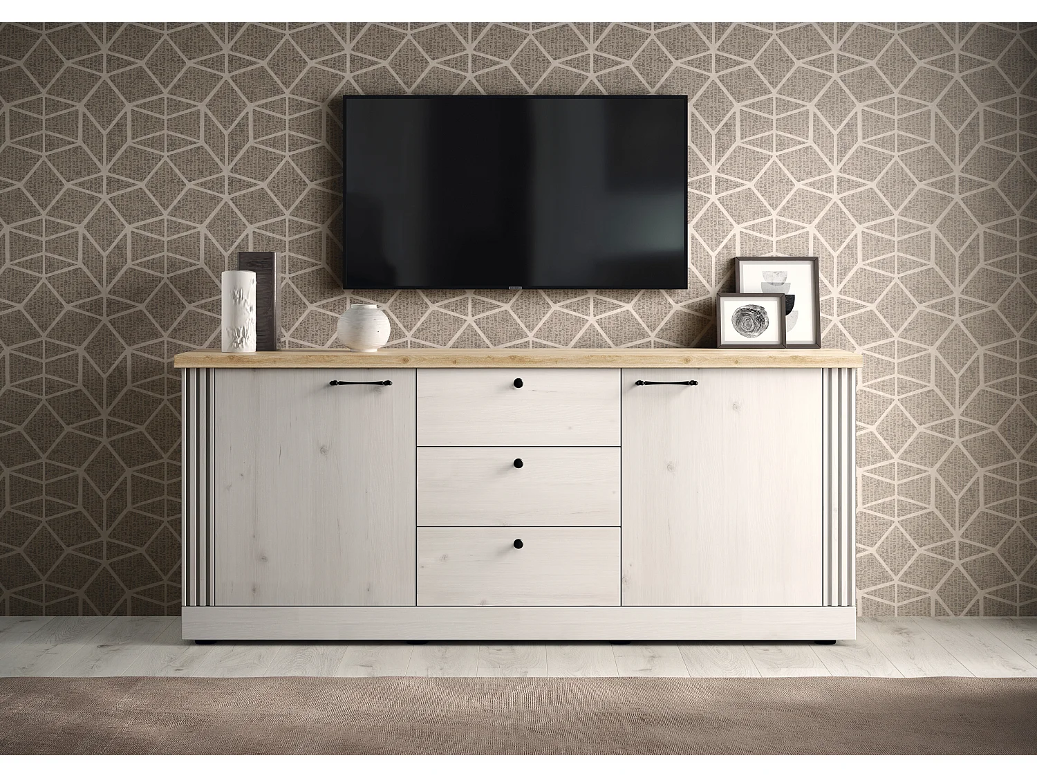 Madia da soggiorno 211x88 cm bianco effetto legno e rovere ML57