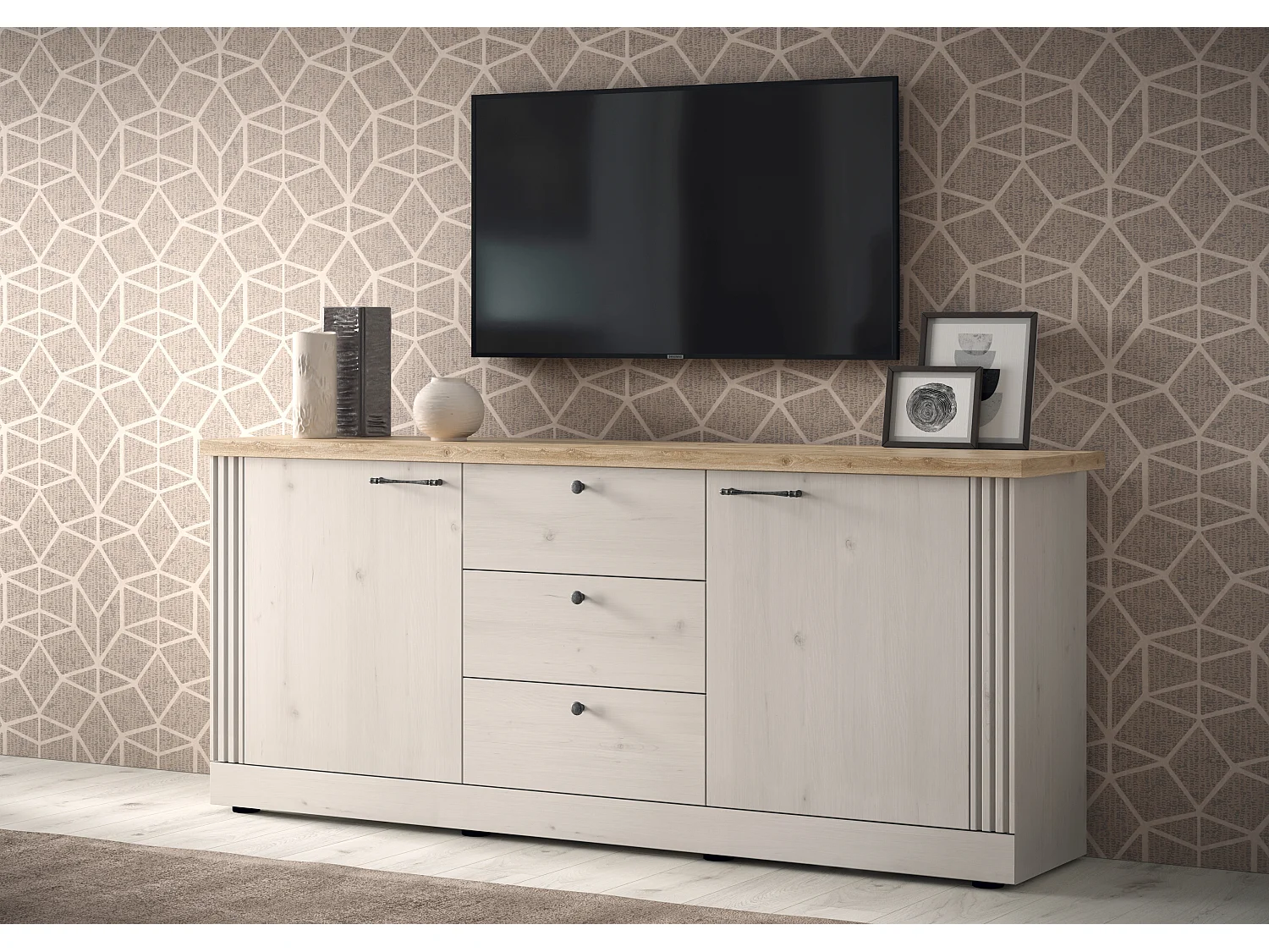 Madia da soggiorno 211x88 cm bianco effetto legno e rovere ML57