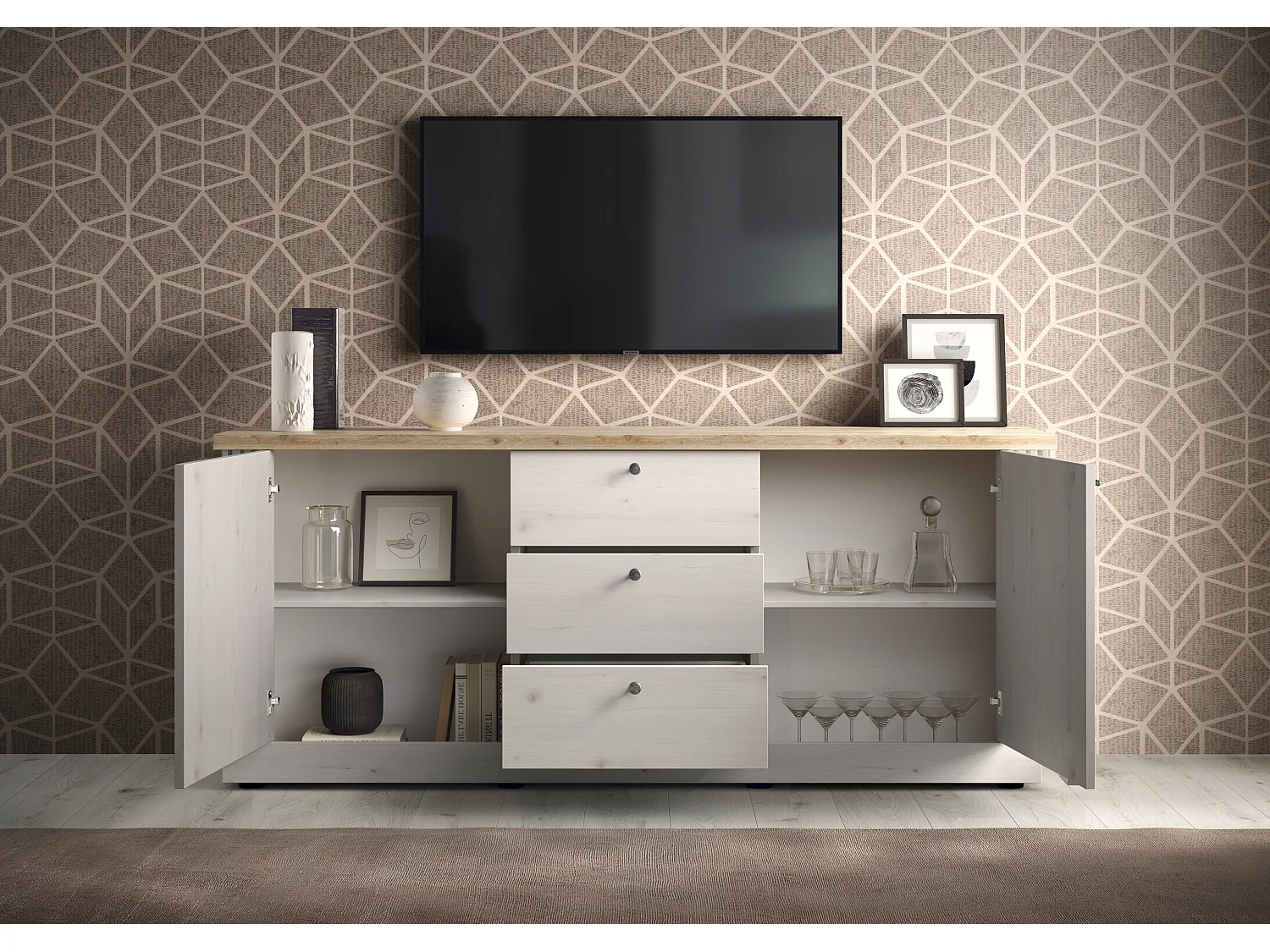 Madia da soggiorno 211x88 cm bianco effetto legno e rovere ML57