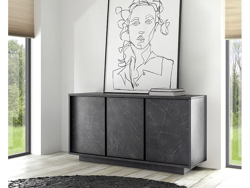 Madia design moderno a tre ante battenti finitura effetto marmo 138x79 ML23 marmo nero