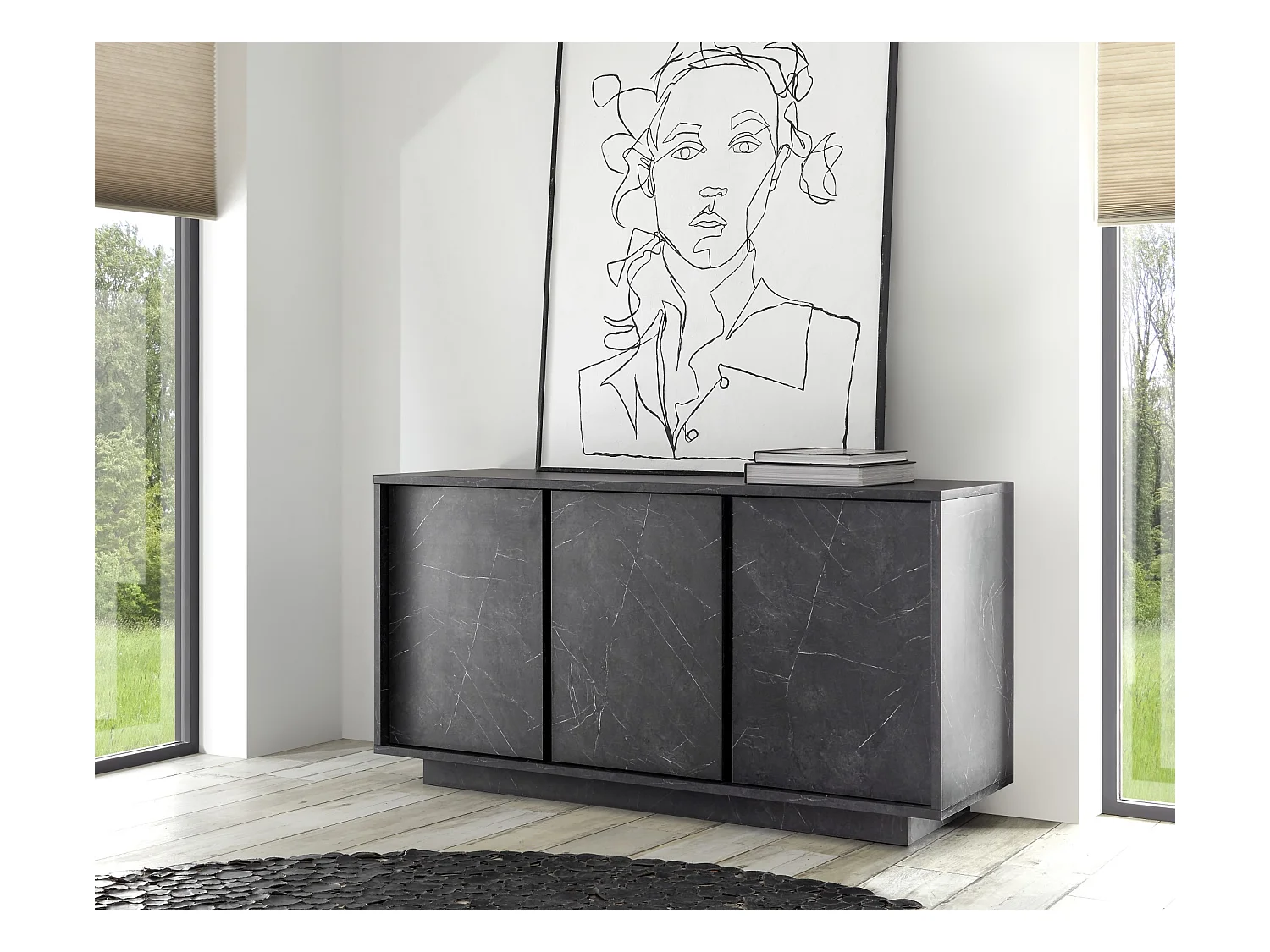 Madia design moderno a tre ante battenti finitura effetto marmo 138x79 ML23 marmo nero
