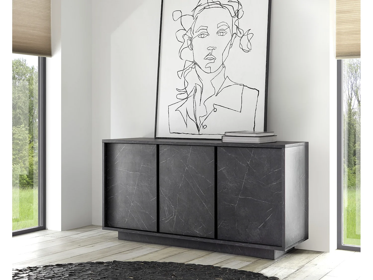 Madia design moderno a tre ante battenti finitura effetto marmo 138x79 ML23 marmo nero