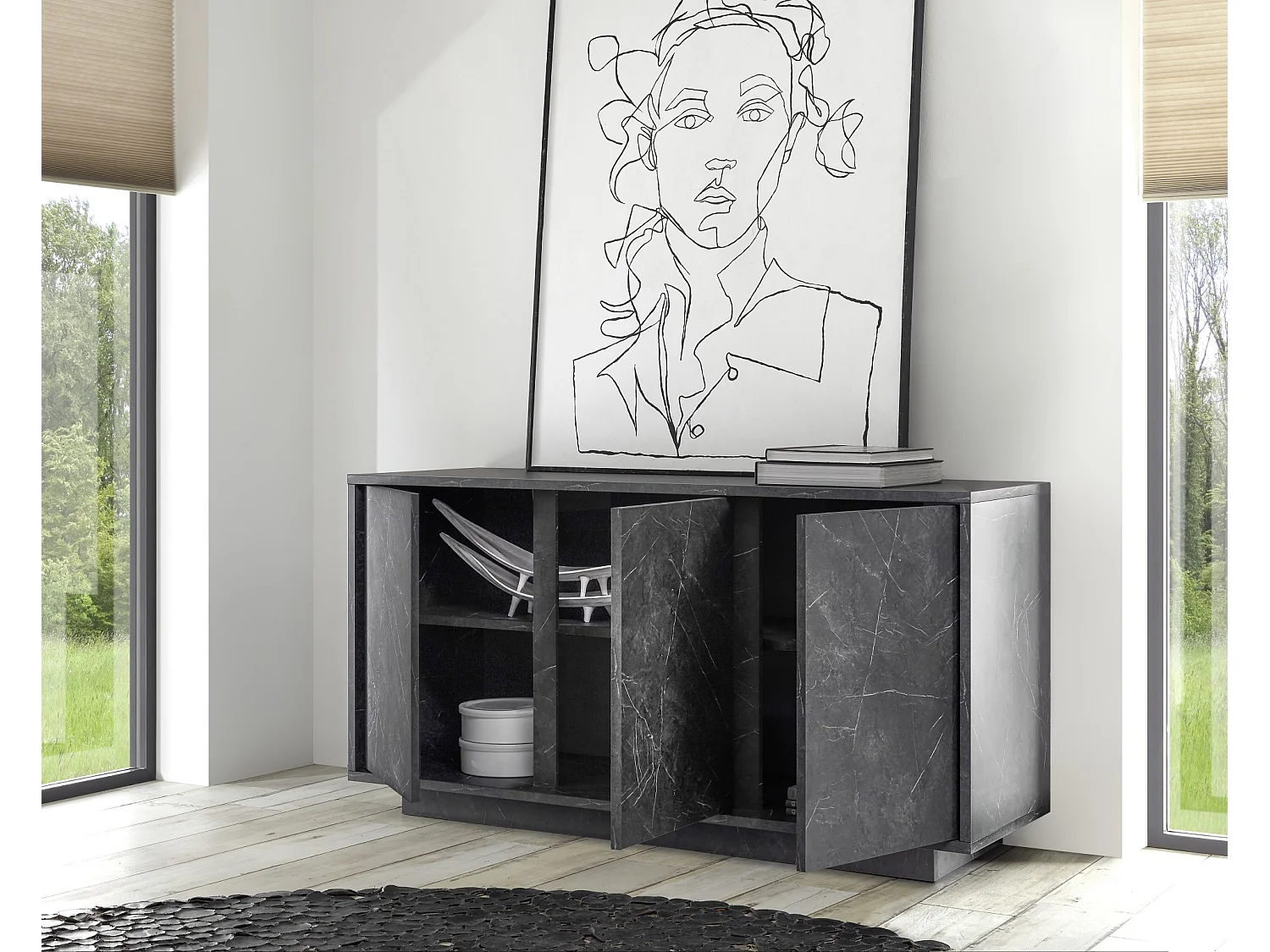 Madia design moderno a tre ante battenti finitura effetto marmo 138x79 ML23 marmo nero