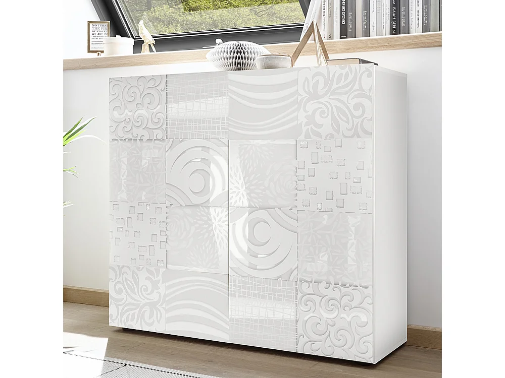 Mobile contenitore a due ante battenti design geometrico per living 121x111 MCL11 bianco serigrafato