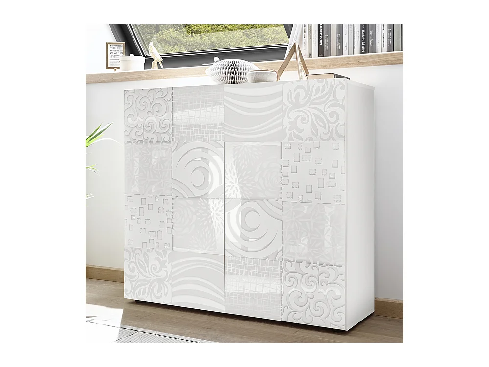 Mobile contenitore a due ante battenti design geometrico per living 121x111 MCL11 bianco serigrafato