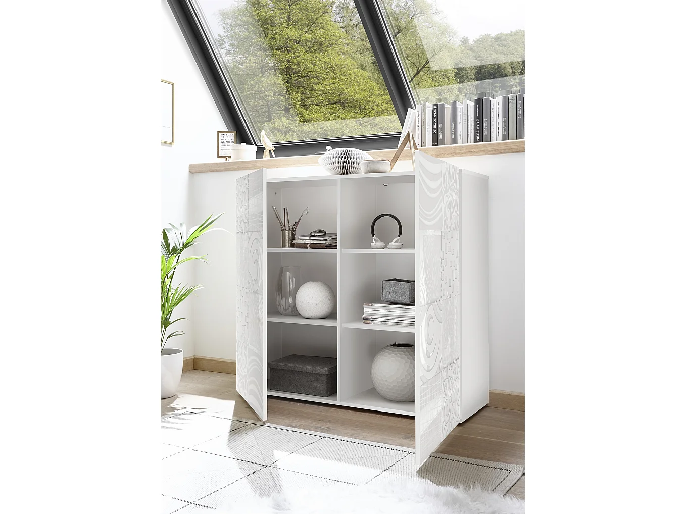 Mobile contenitore a due ante battenti design geometrico per living 121x111 MCL11 bianco serigrafato