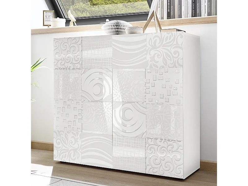 Mobile contenitore a due ante battenti design geometrico per living 121x111 MCL11 bianco serigrafato