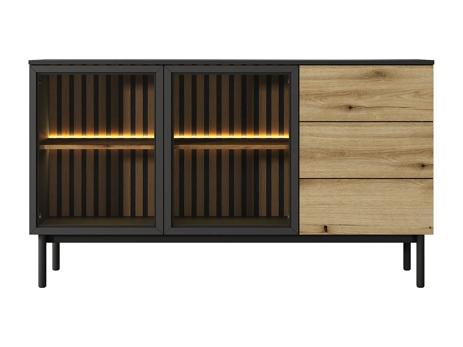 Madia moderna 150x85cm con luci LED 2 ante e 3 cassetti marrone e nero MALK15