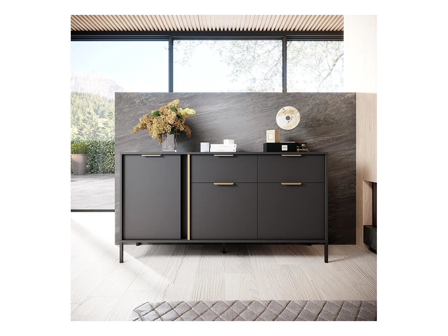 Madia moderna 153x81cm con 3 ante e 2 cassetti antracite con dettagli oro MALK11
