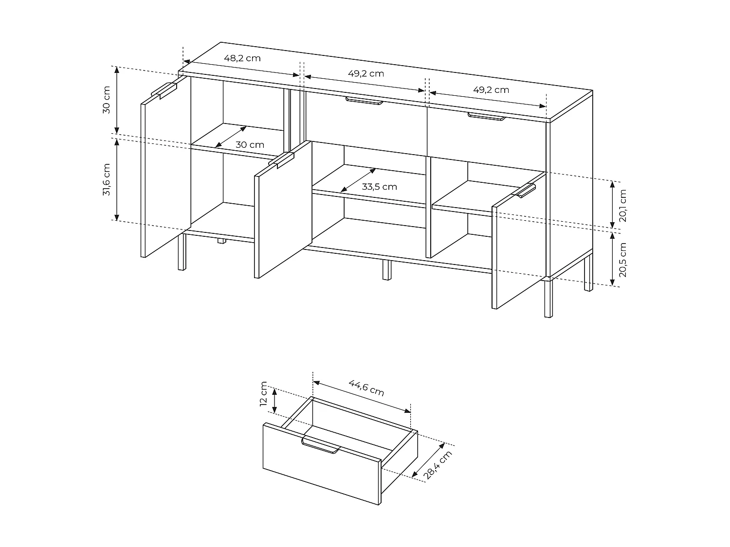Madia moderna 153x81cm con 3 ante e 2 cassetti antracite con dettagli oro MALK11