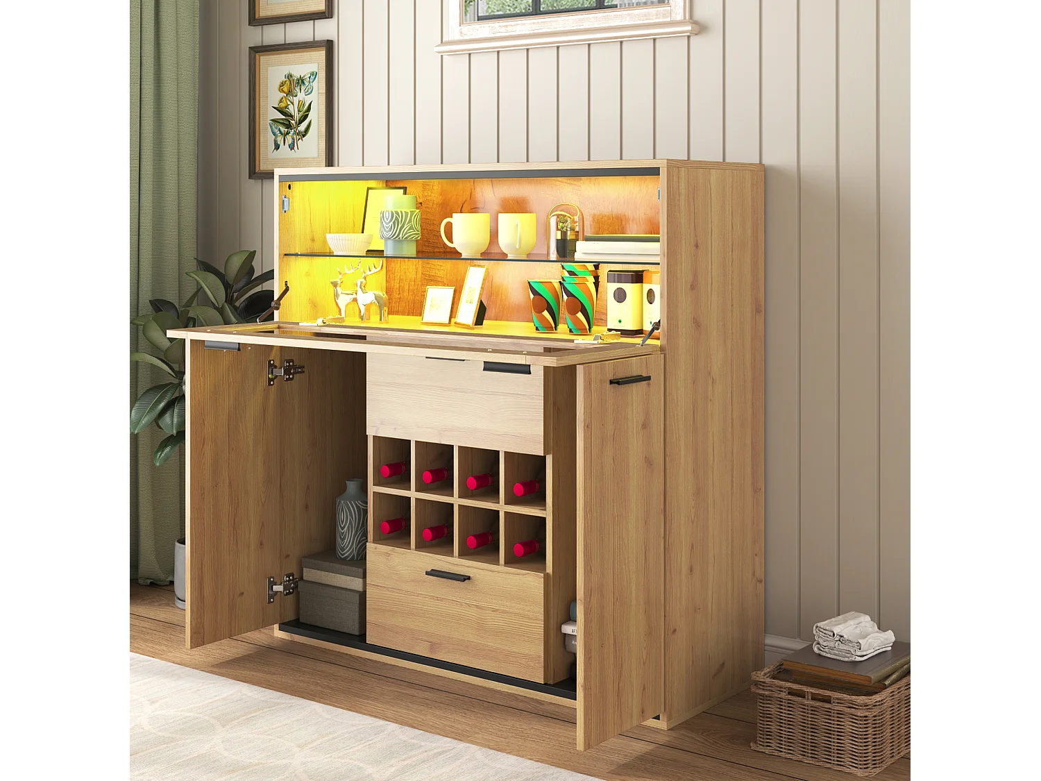 Buffet 110x38x111cm avec 3 portes dont 1 porte en verre, 2 tiroirs et rayonnages à vin, LED inclus, en woodgrain naturel clair