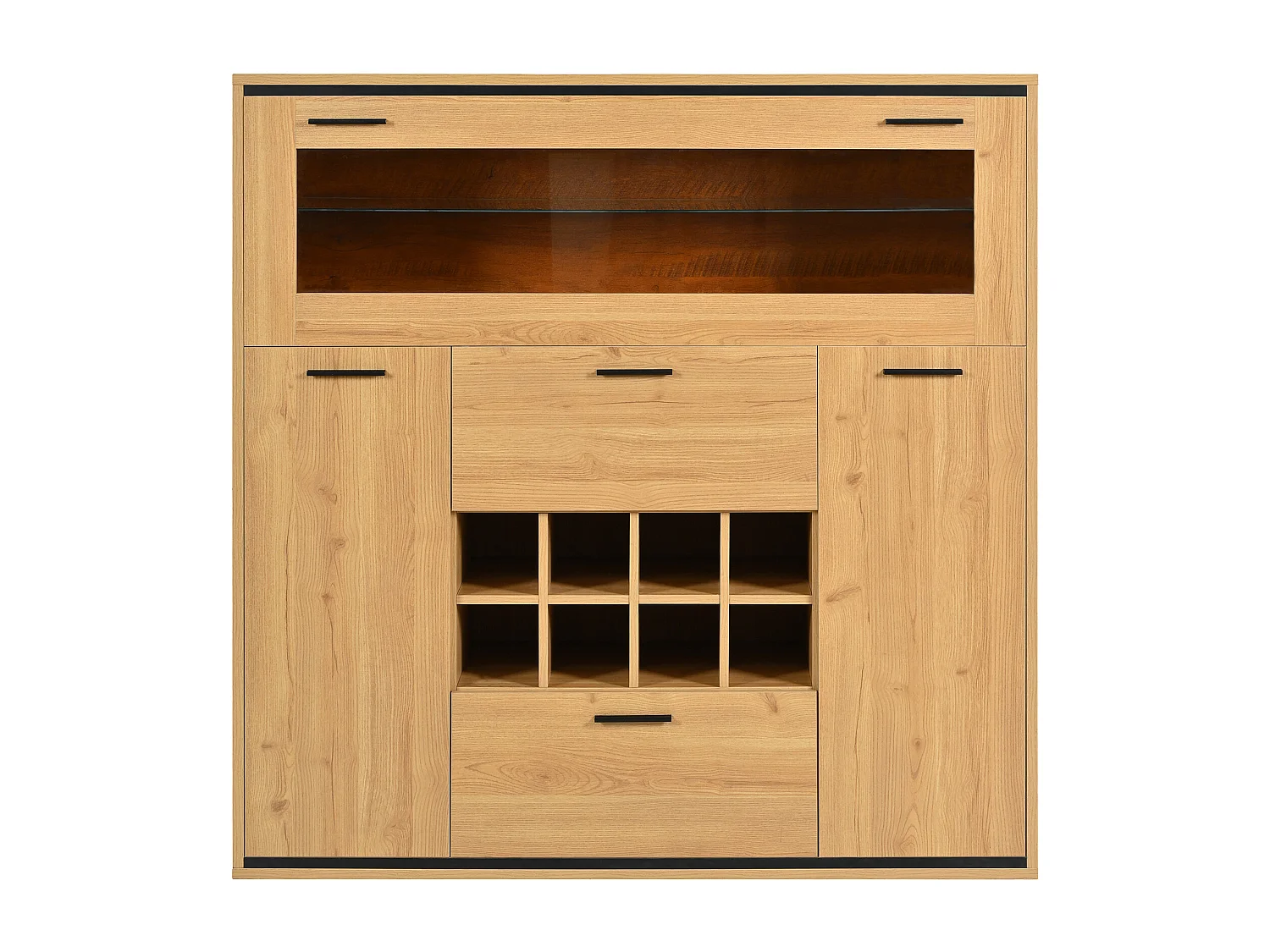 Buffet 110x38x111cm avec 3 portes dont 1 porte en verre, 2 tiroirs et rayonnages à vin, LED inclus, en woodgrain naturel clair