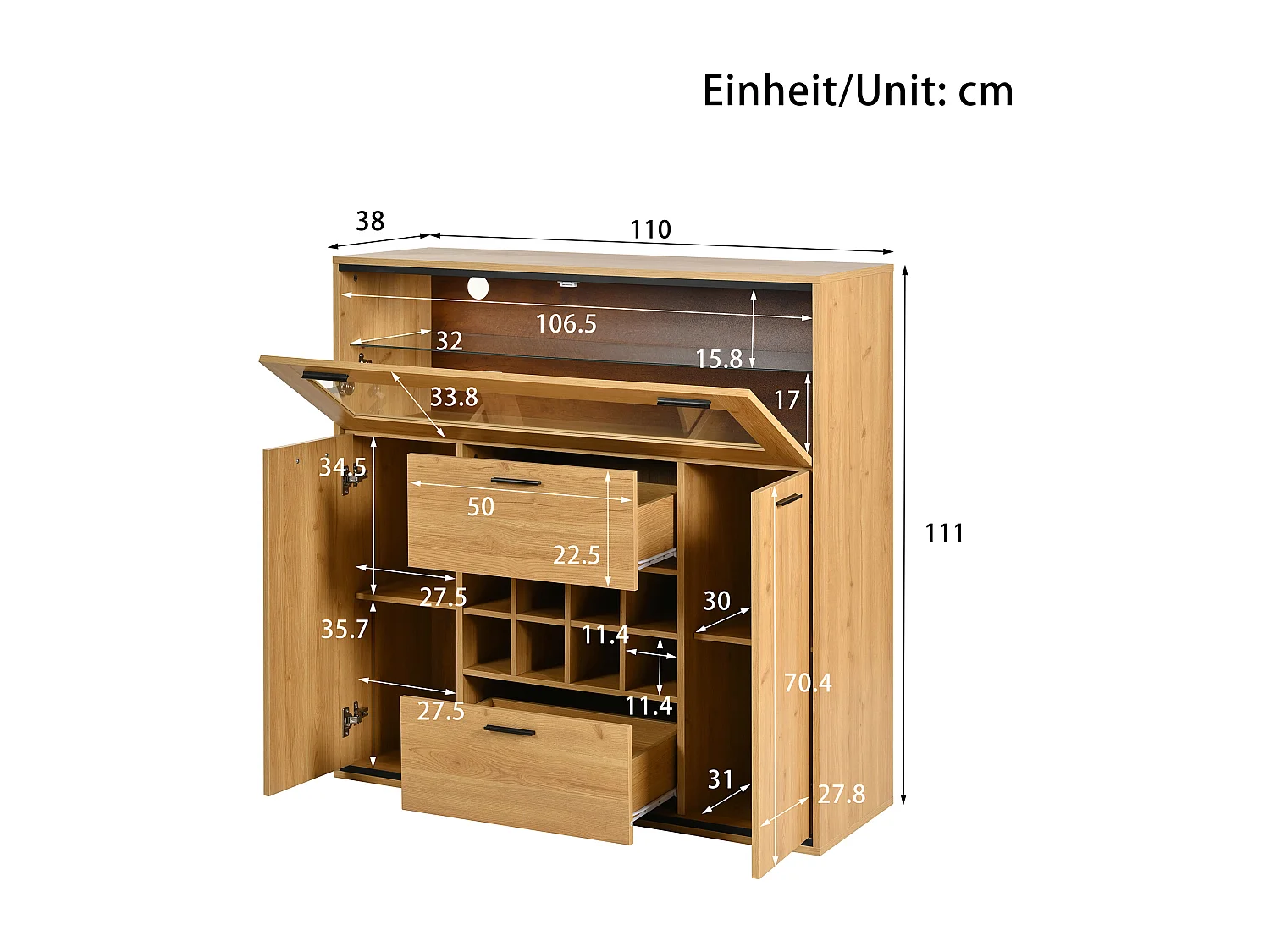 Buffet 110x38x111cm avec 3 portes dont 1 porte en verre, 2 tiroirs et rayonnages à vin, LED inclus, en woodgrain naturel clair