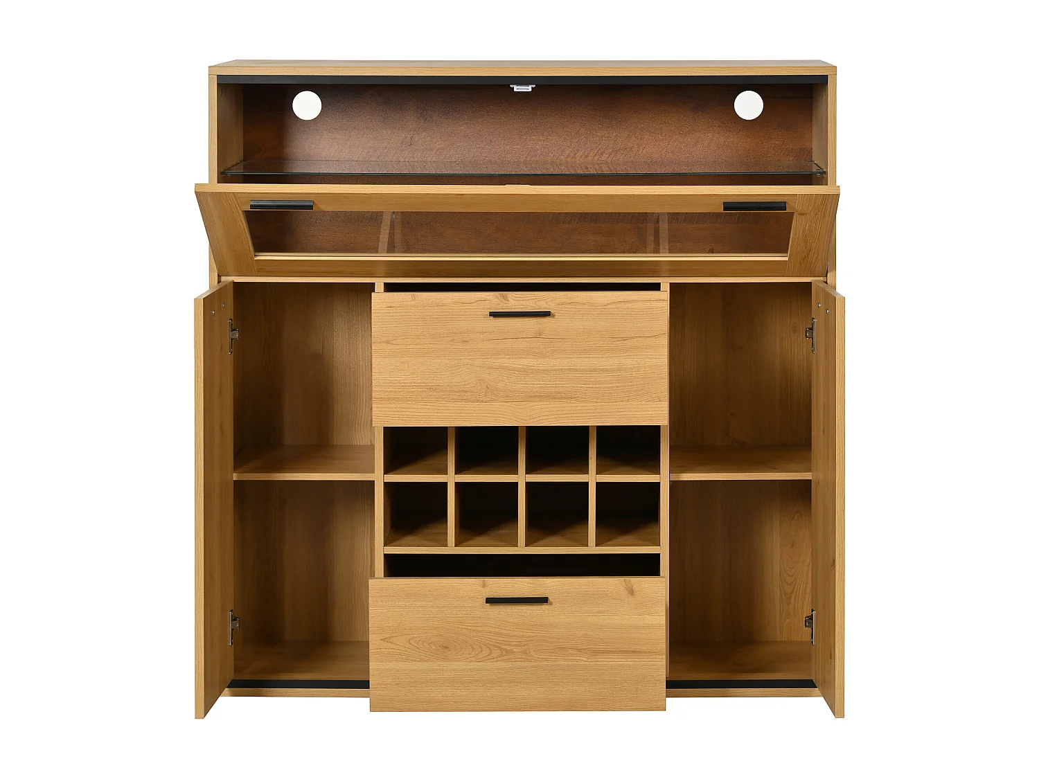 Buffet 110x38x111cm avec 3 portes dont 1 porte en verre, 2 tiroirs et rayonnages à vin, LED inclus, en woodgrain naturel clair