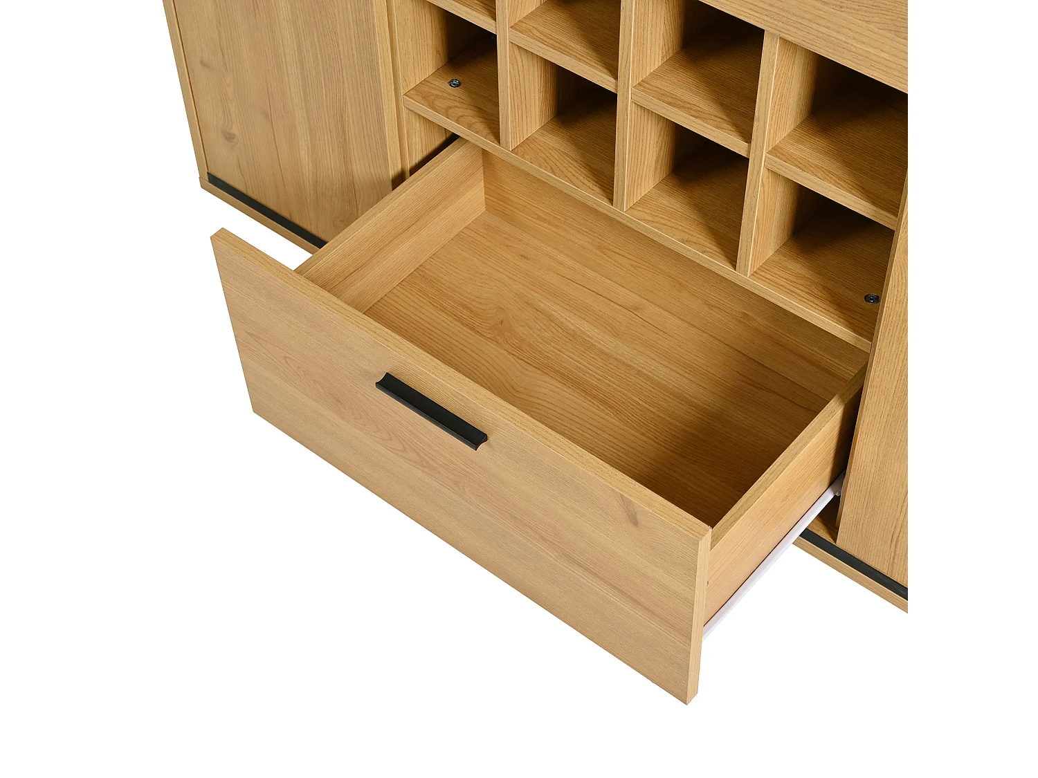 Buffet 110x38x111cm avec 3 portes dont 1 porte en verre, 2 tiroirs et rayonnages à vin, LED inclus, en woodgrain naturel clair