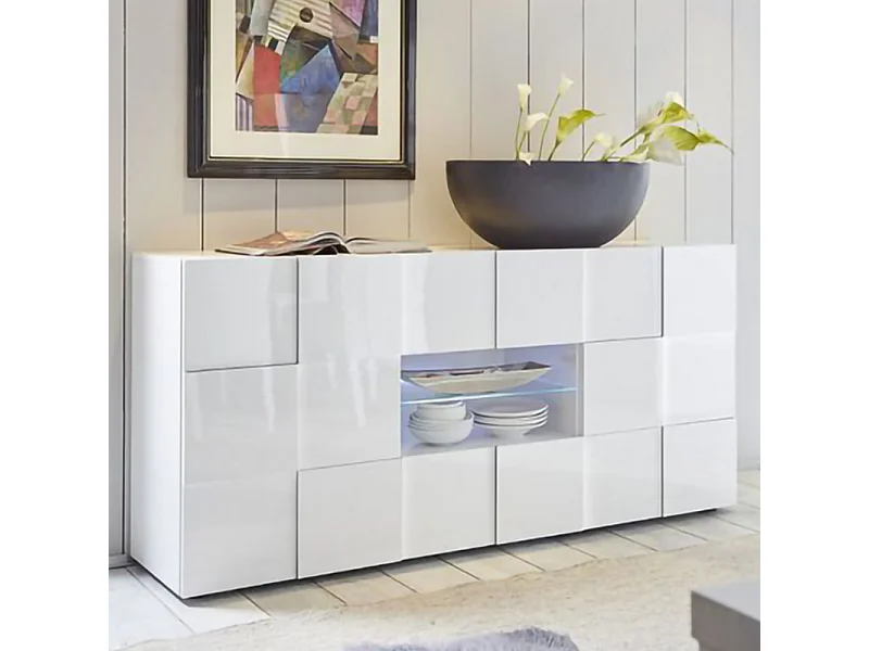 Madia con frontale geometrico due ante e due cassetti per soggiorno 181x84 ML9 bianco lucido
