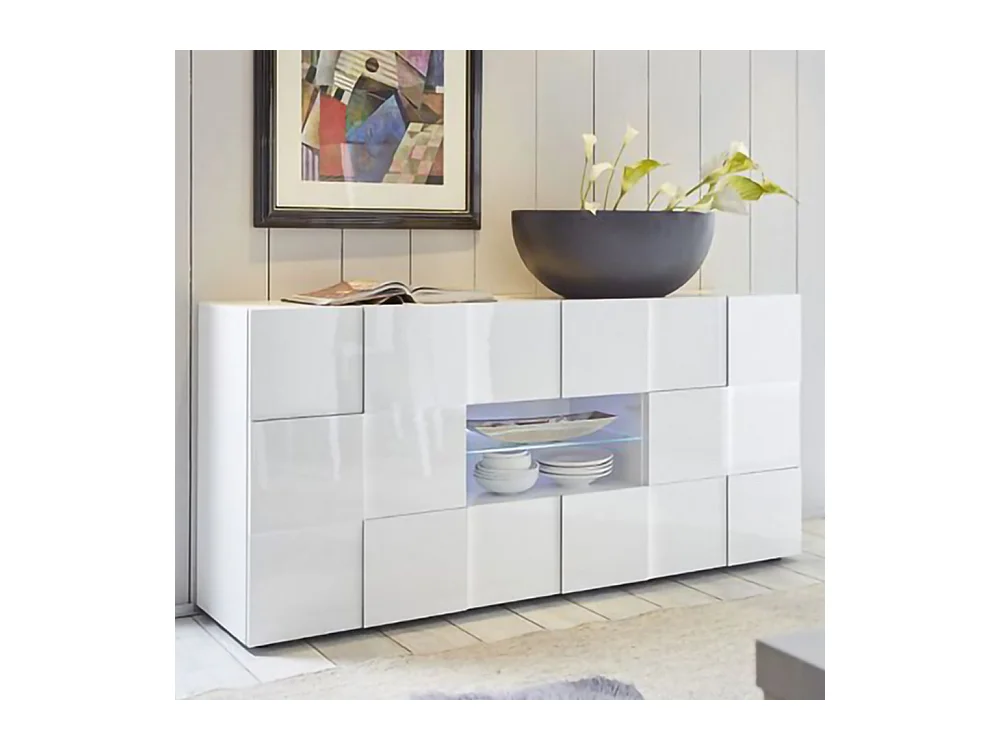 Madia con frontale geometrico due ante e due cassetti per soggiorno 181x84 ML9 bianco lucido