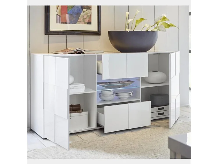 Madia con frontale geometrico due ante e due cassetti per soggiorno 181x84 ML9 bianco lucido