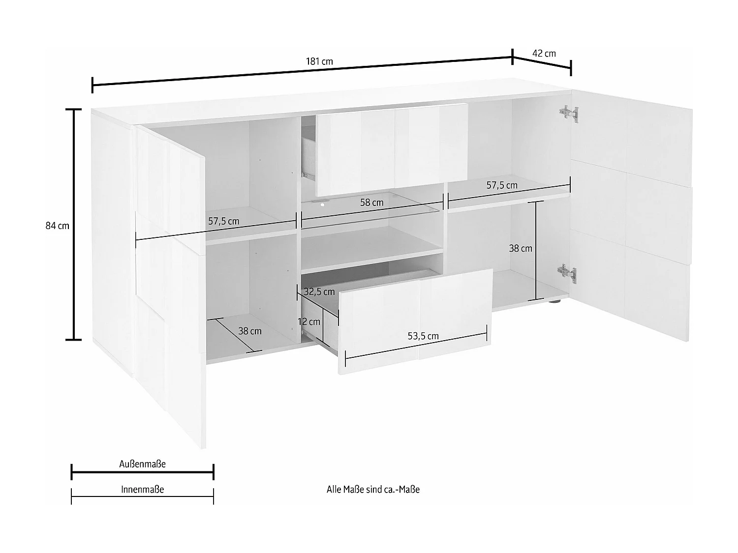 Madia con frontale geometrico due ante e due cassetti per soggiorno 181x84 ML9 bianco lucido