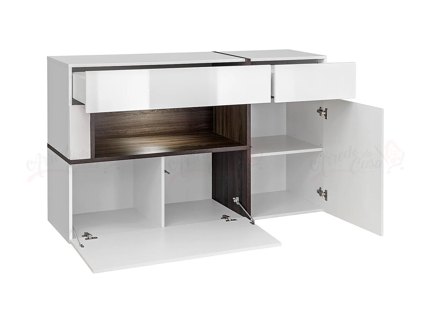 Madia contemporanea per salotto con vetrinetta illuminata a LED 150x90 bianco perla e bianco lucido MP20