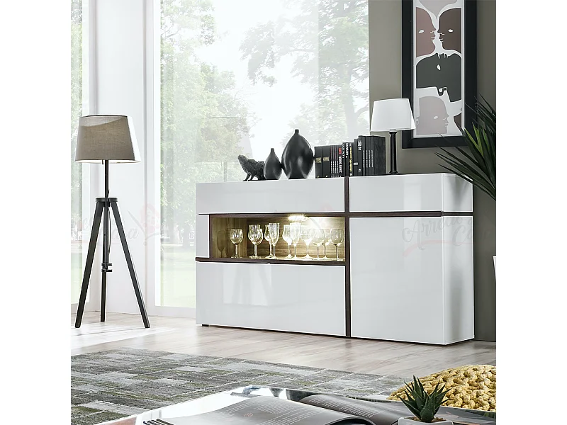 Madia contemporanea per salotto con vetrinetta illuminata a LED 150x90 bianco perla e bianco lucido MP20