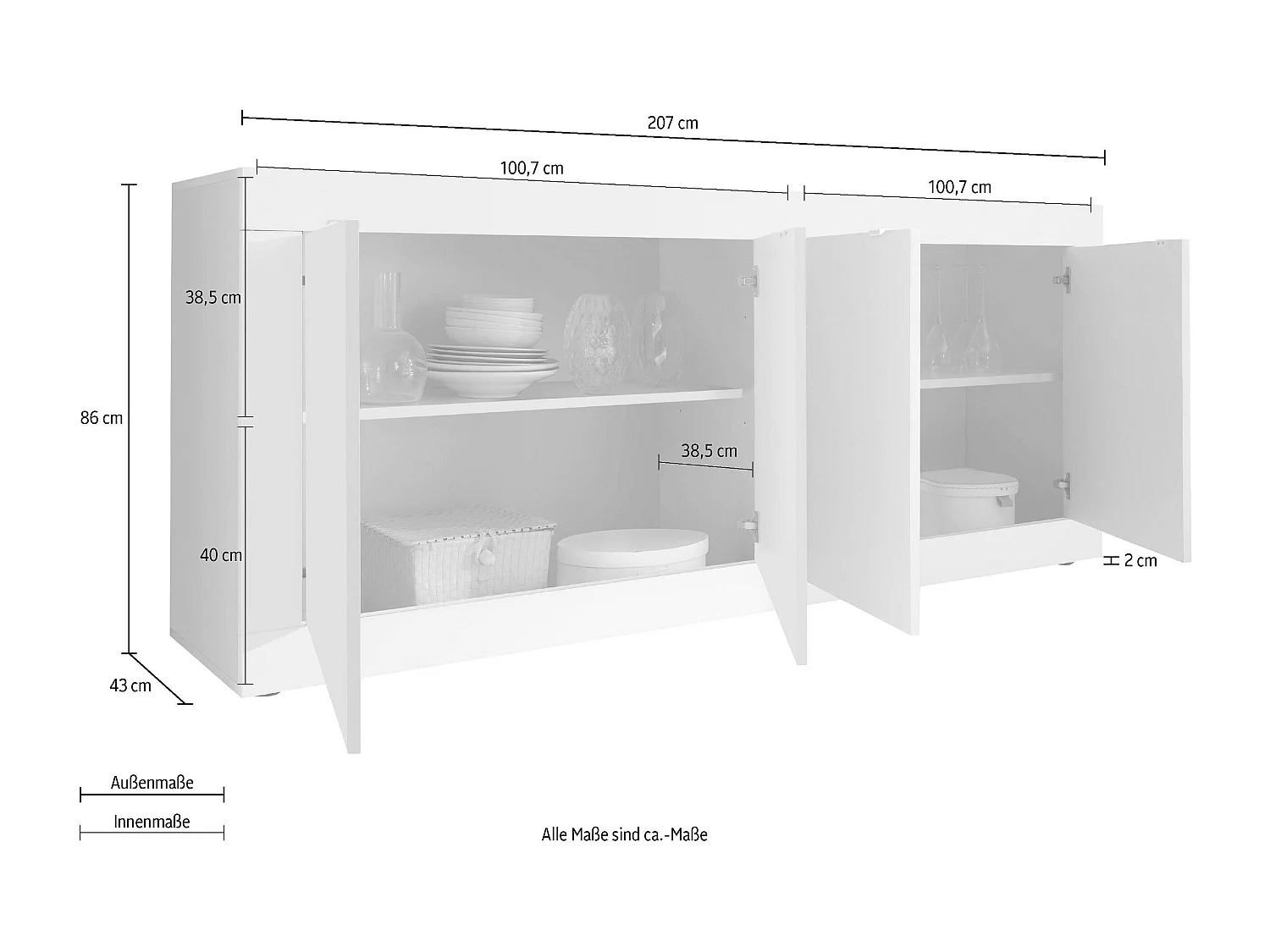 Madia moderna a quattro ante da soggiorno design moderno 207x86 ML4 bianco lucido