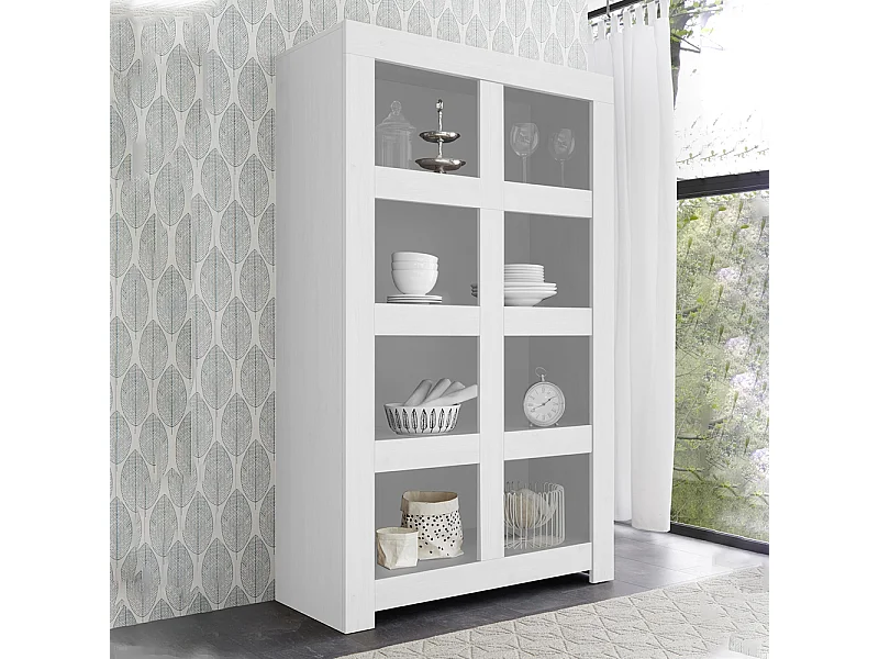Credenza alta da soggiorno otto vani aperti design moderno 110x186 MCL6 bianco opaco