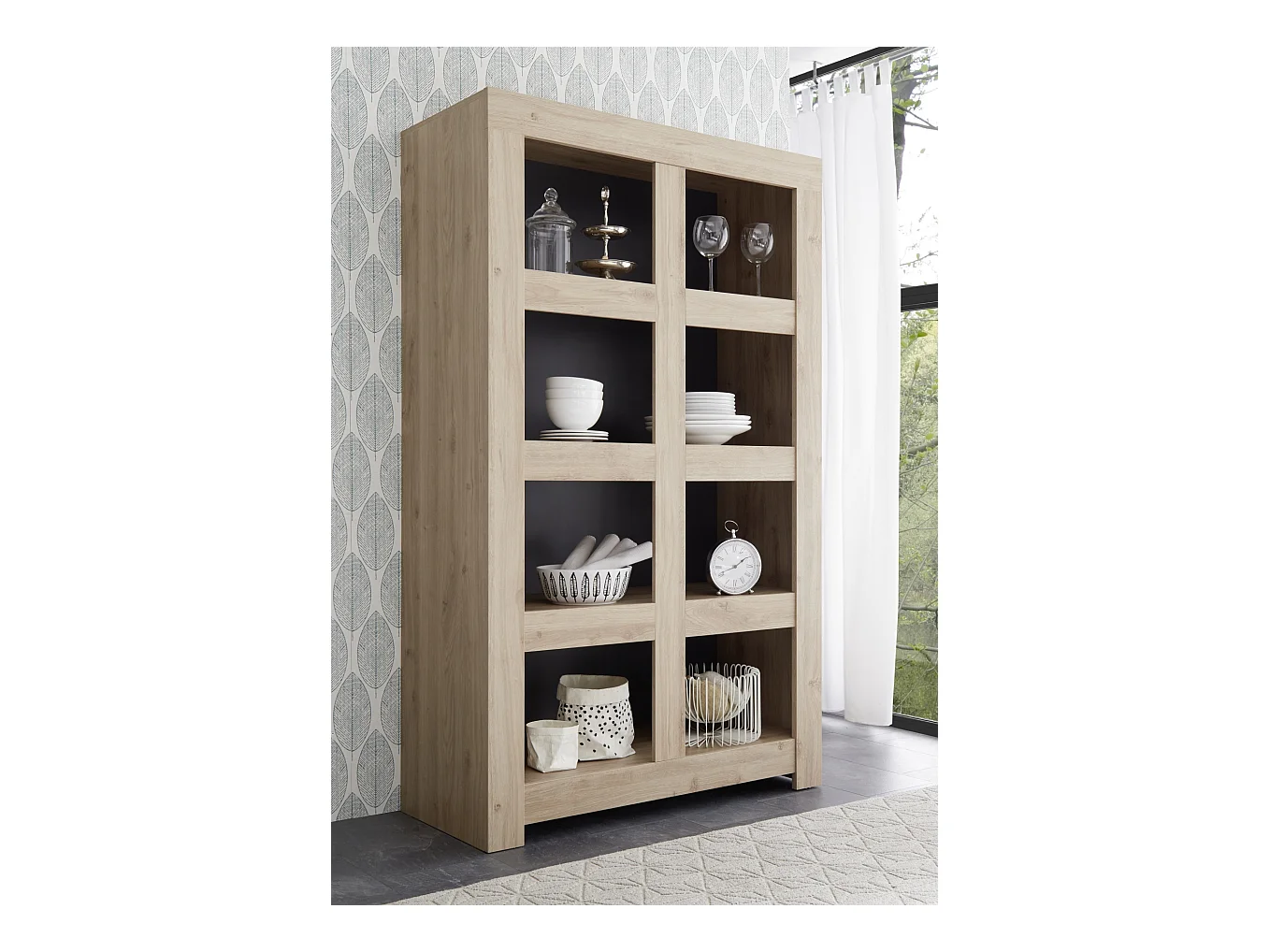 Credenza alta da soggiorno otto vani aperti design moderno 110x186 MCL6 rovere