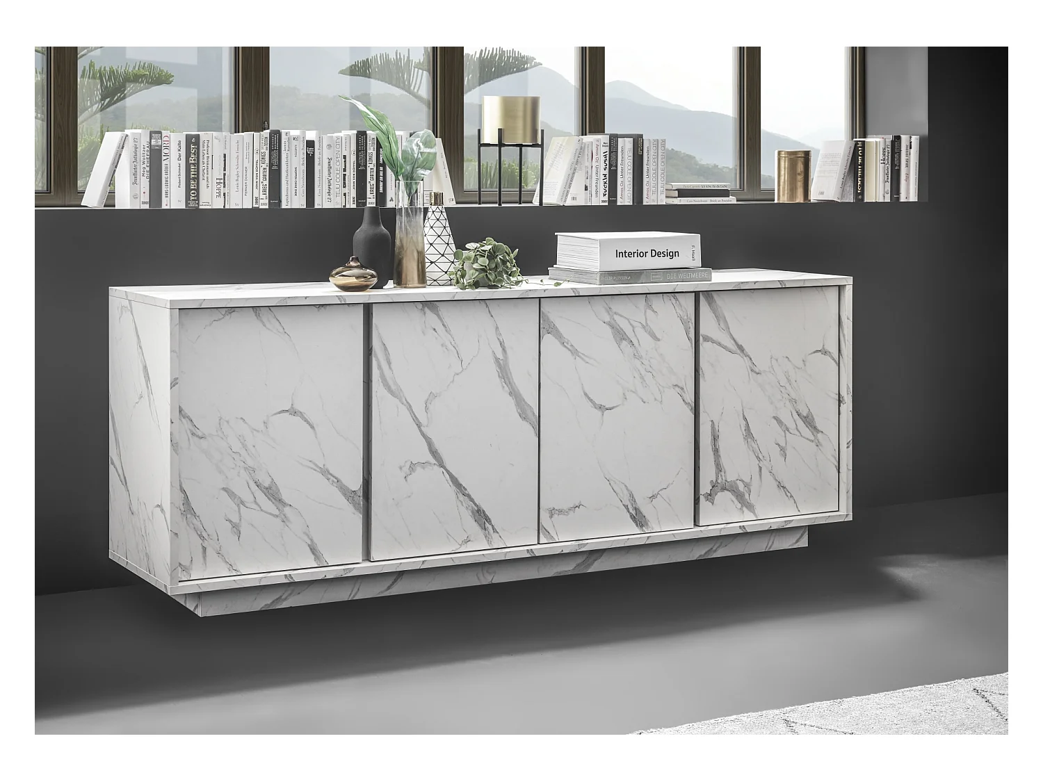 Madia design moderno con quattro ante battenti finitura effetto marmo 180x79 ML22 marmo bianco