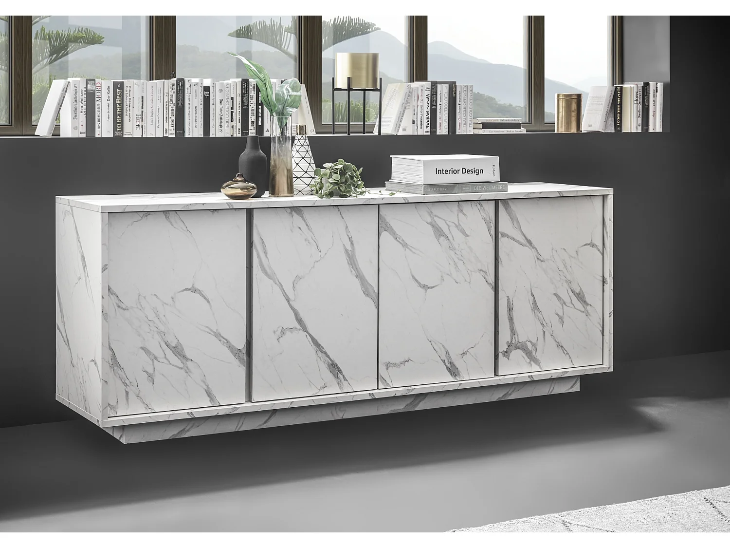 Madia design moderno con quattro ante battenti finitura effetto marmo 180x79 ML22 marmo bianco