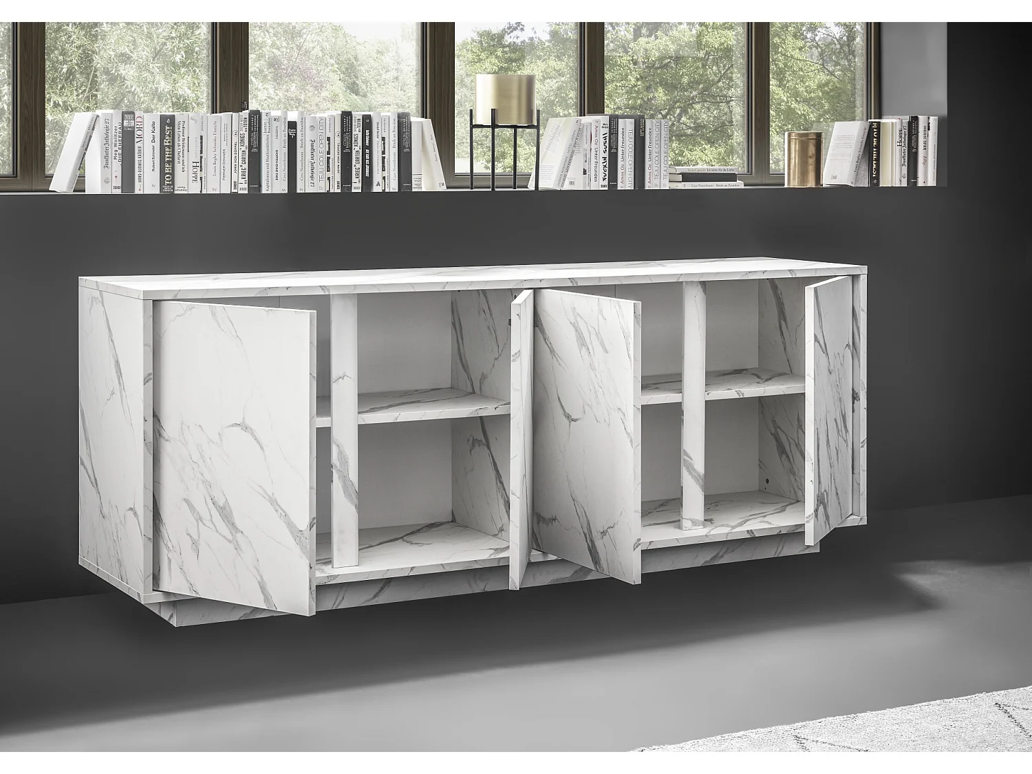 Madia design moderno con quattro ante battenti finitura effetto marmo 180x79 ML22 marmo bianco