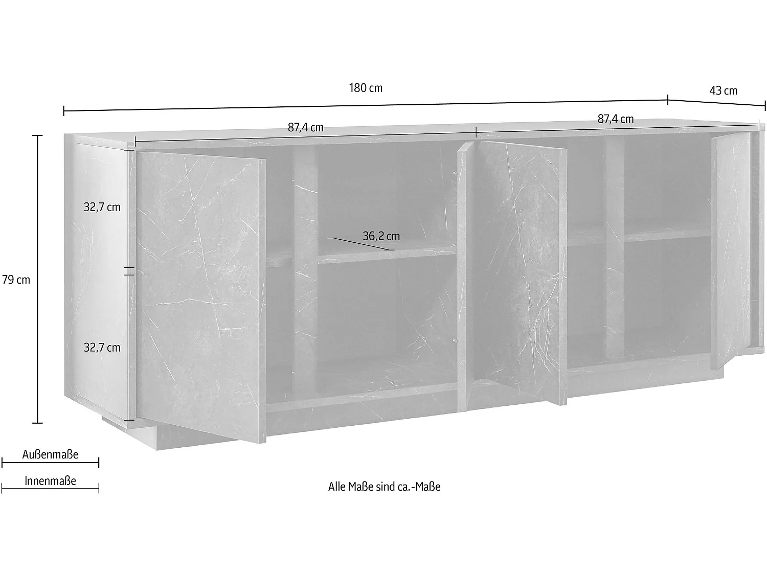 Madia design moderno con quattro ante battenti finitura effetto marmo 180x79 ML22 marmo bianco