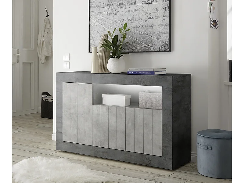 Madia per zona giorno con tre ante e vano a giorno design moderno 138x86 ML46 ossido e cemento