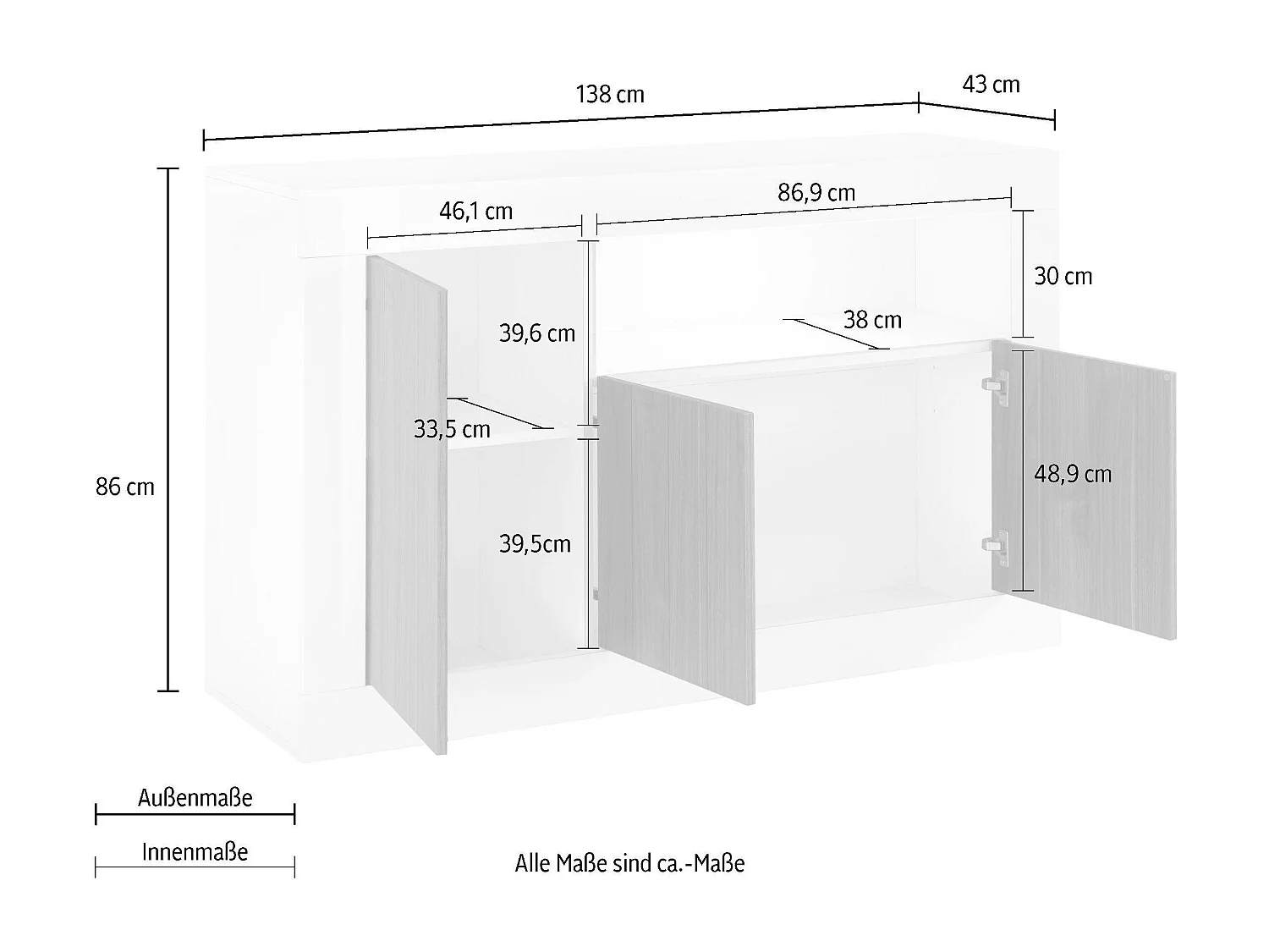 Madia per zona giorno con tre ante e vano a giorno design moderno 138x86 ML46 ossido e cemento