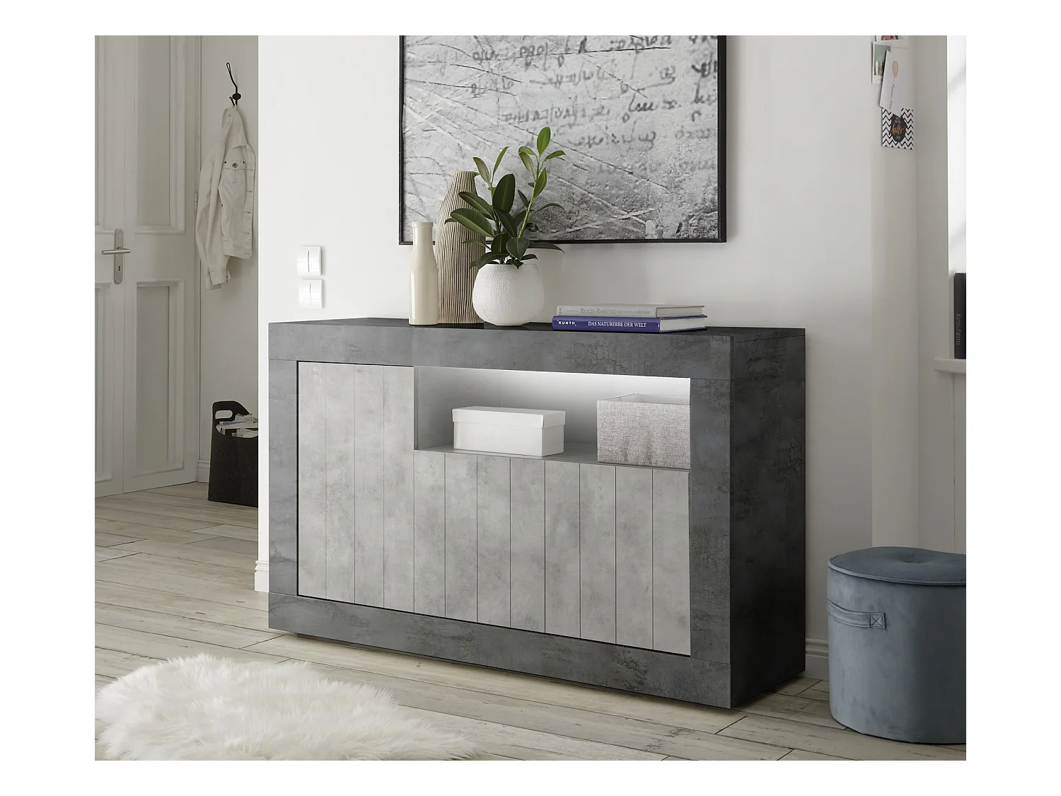Madia per zona giorno con tre ante e vano a giorno design moderno 138x86 ML46 ossido e cemento