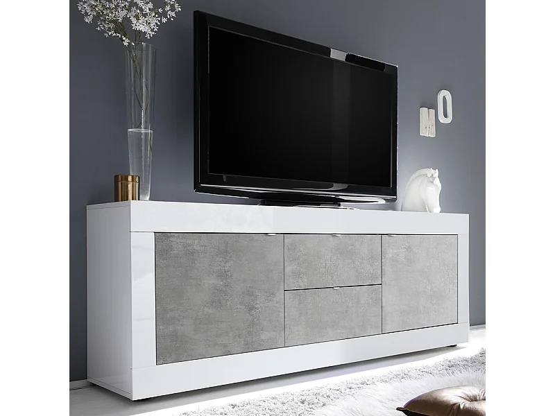 Madia da soggiorno con due ante e due cassetti design moderno 210x66 ML6 bianco e cemento