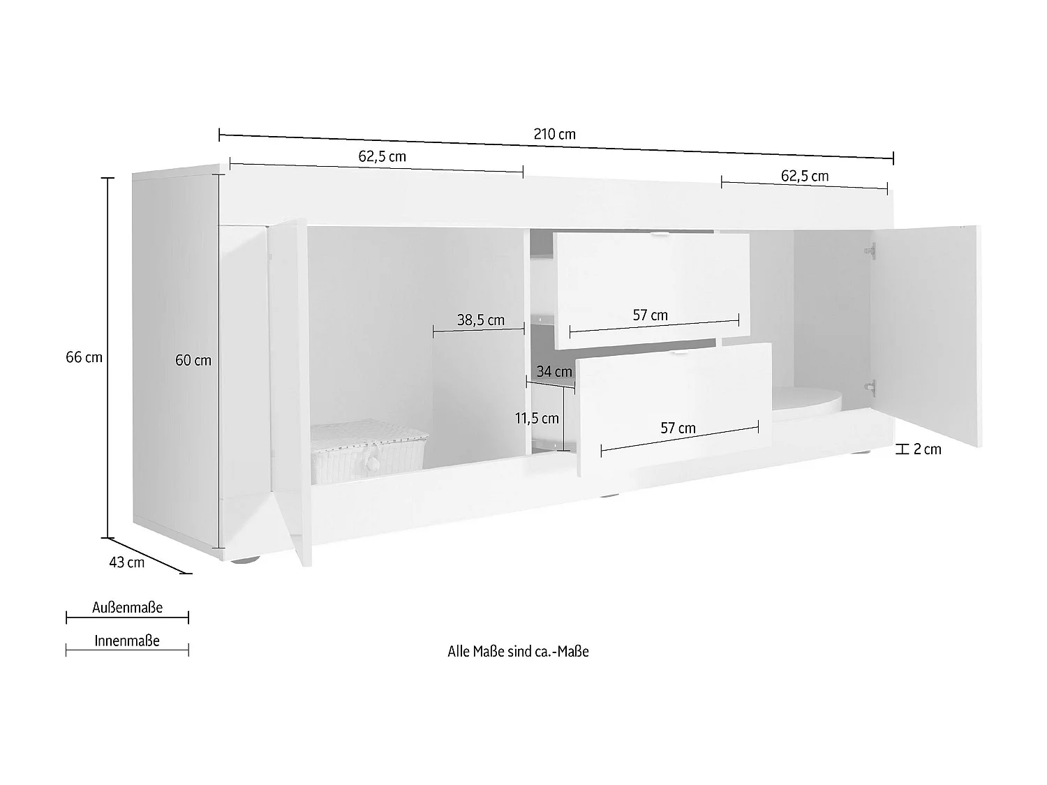 Madia da soggiorno con due ante e due cassetti design moderno 210x66 ML6 bianco e cemento