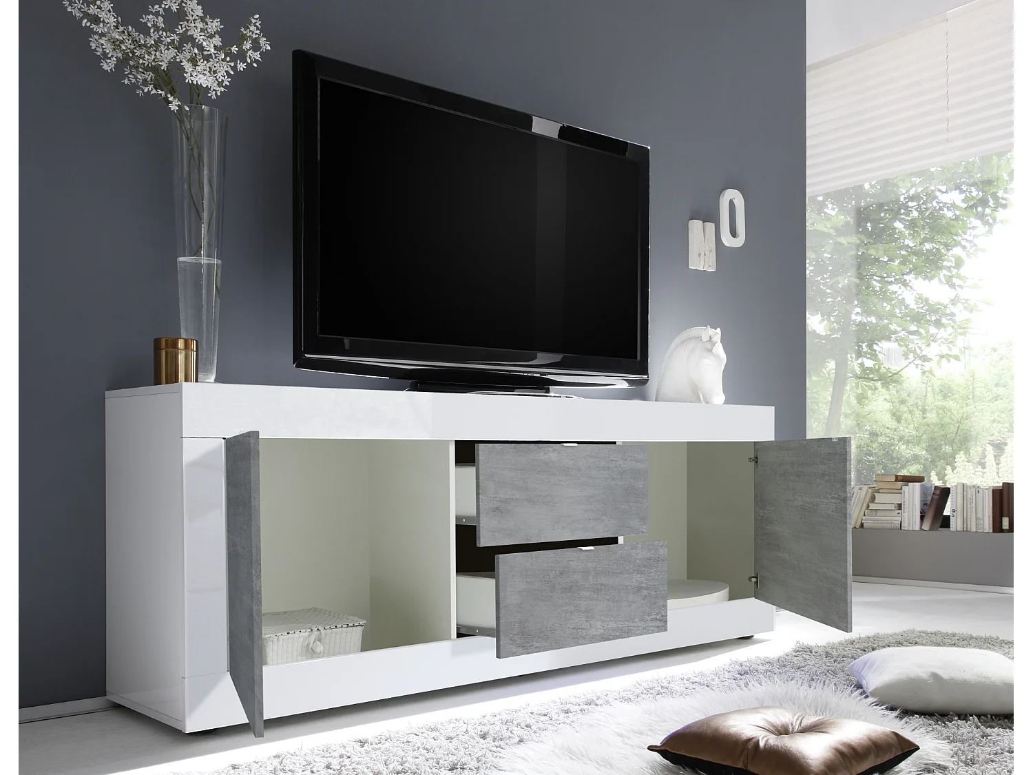 Madia da soggiorno con due ante e due cassetti design moderno 210x66 ML6 bianco e cemento