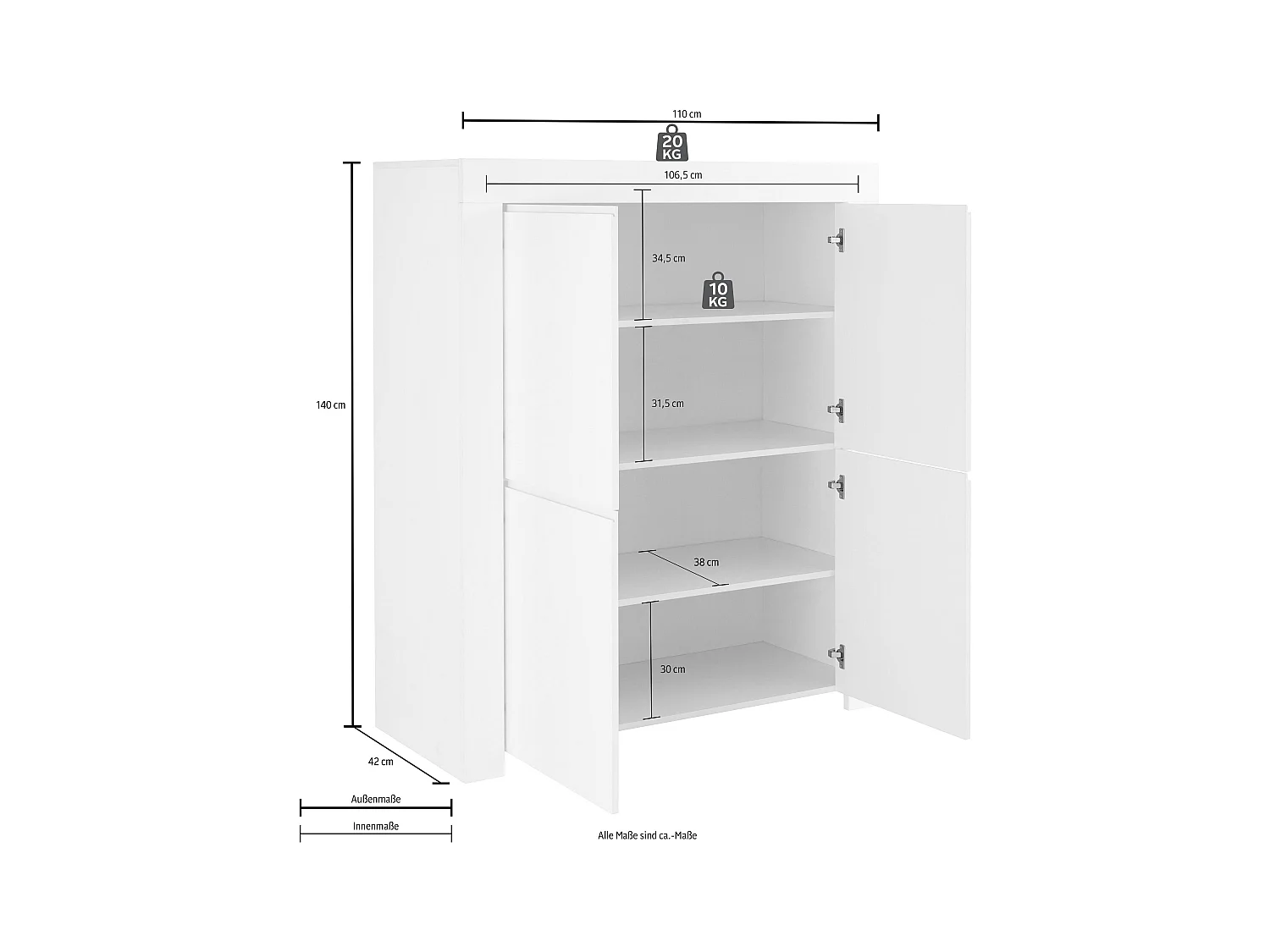 Mobile contenitore a quattro ante battenti e maniglie a gola design moderno 110x140 MCL5 bianco opaco