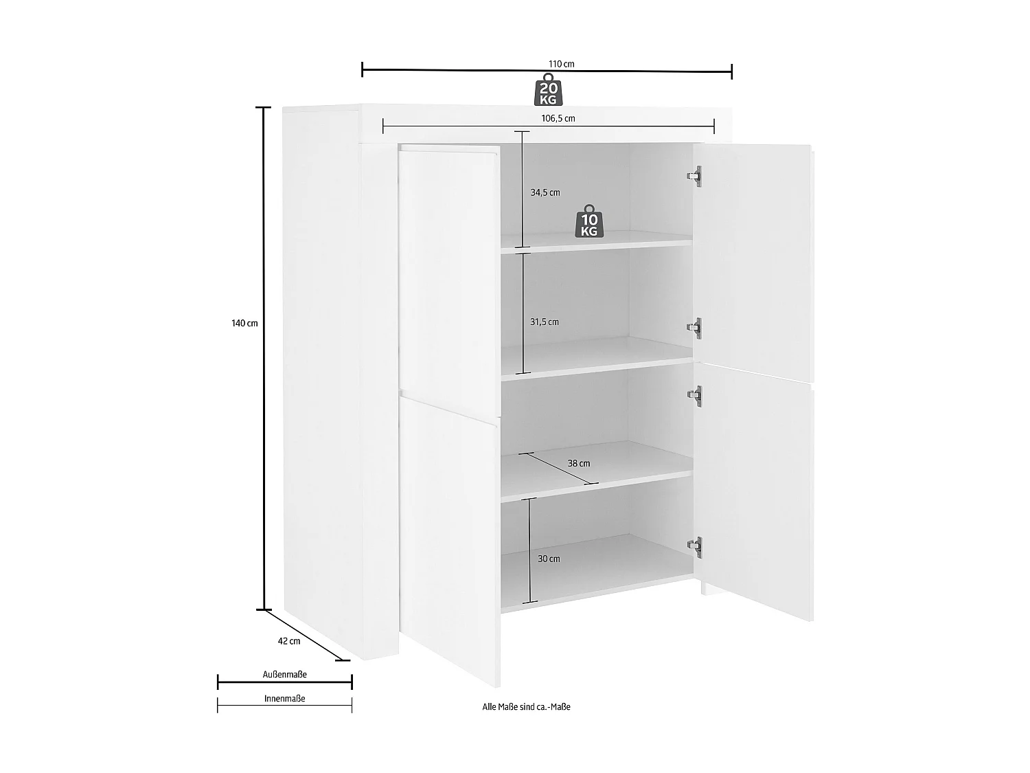 Mobile contenitore a quattro ante battenti e maniglie a gola design moderno 110x140 MCL5 bianco opaco