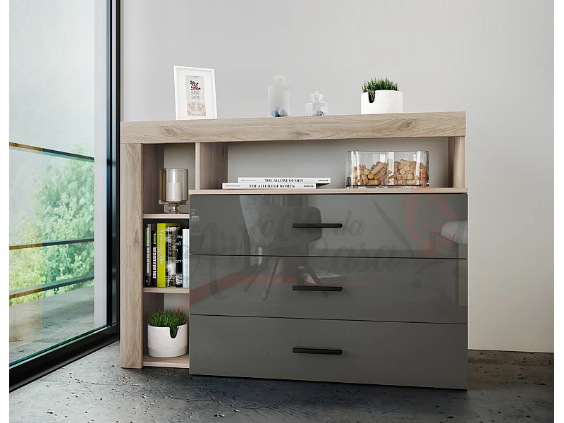 Madia moderna da sala con tre cassetti 120x89 rovere naturale e antracite lucido MI1