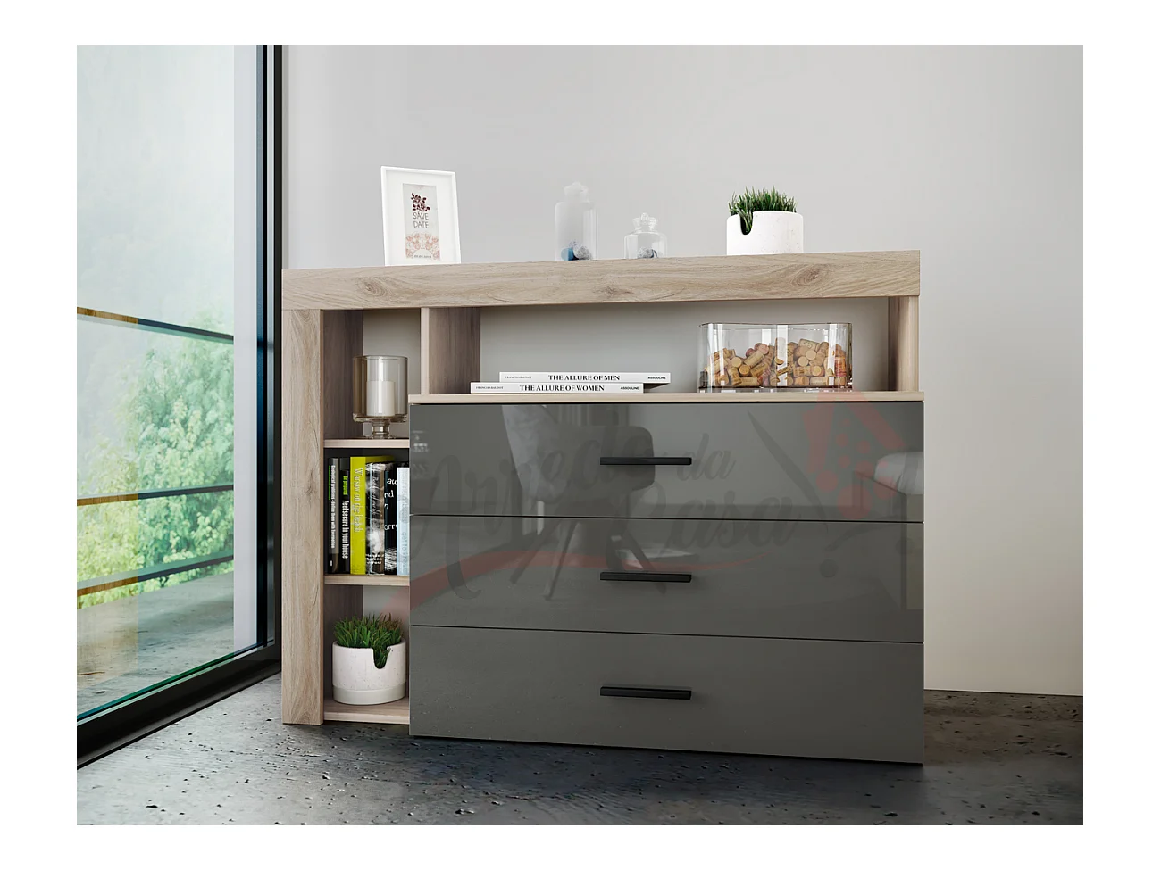 Madia moderna da sala con tre cassetti 120x89 rovere naturale e antracite lucido MI1