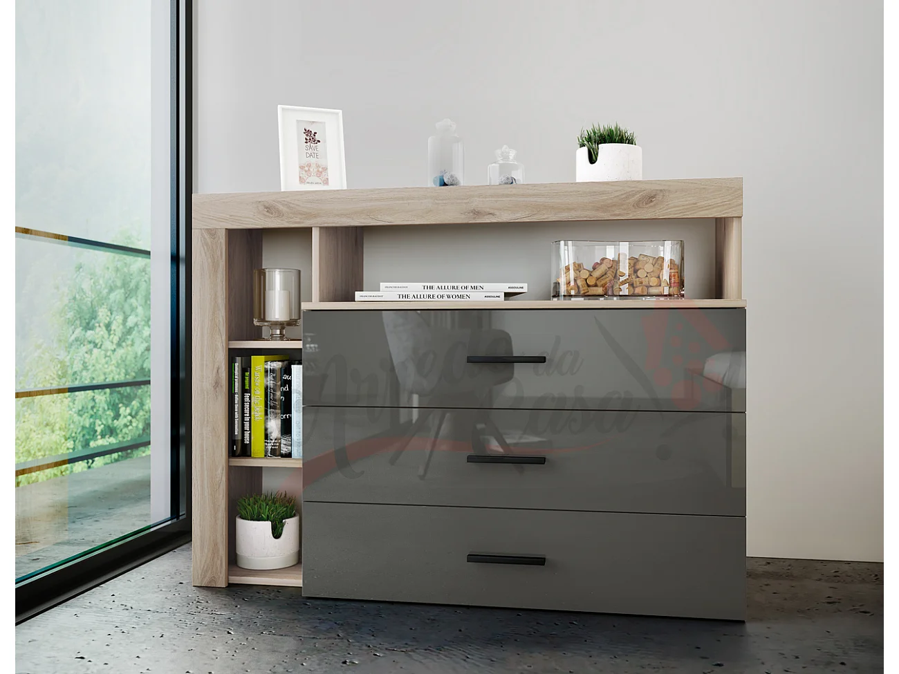 Madia moderna da sala con tre cassetti 120x89 rovere naturale e antracite lucido MI1