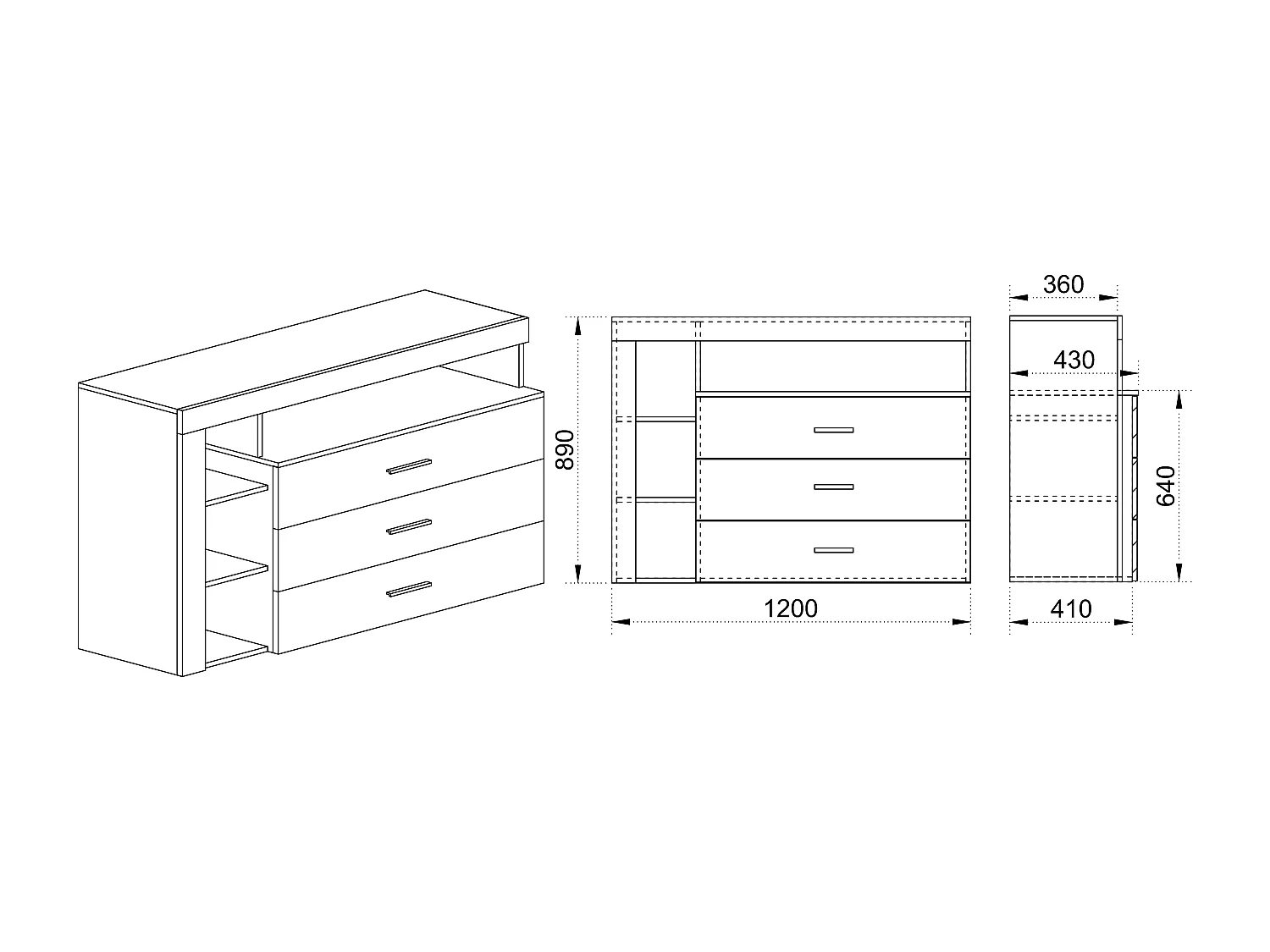 Madia moderna da sala con tre cassetti 120x89 rovere naturale e antracite lucido MI1
